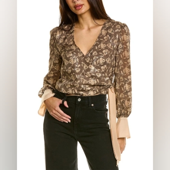 En Saison Tops - Anthropologie En Saison Wrap Blouse Brown Floral Jacquard Puff Sleeve Tie L NWT